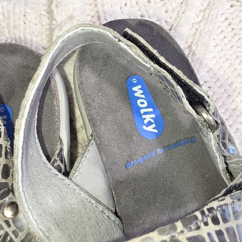 Wolky Sandals Jewel‎ Slingback Silver Metallic Snake Print Women 37 Excellent